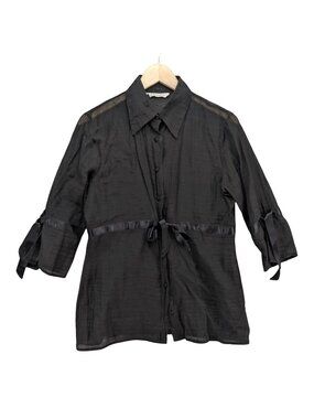Rayure Sheer Blouse Womens Black 3/4 Sleeve Button Front Tie Waist Collared Sz S